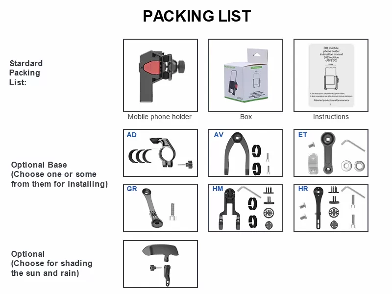 Shock Absorbing Bike Phone Holder PB11PLUS Packing List Shock Absorbing Bike Phone Holder PB11PLUS Packing List